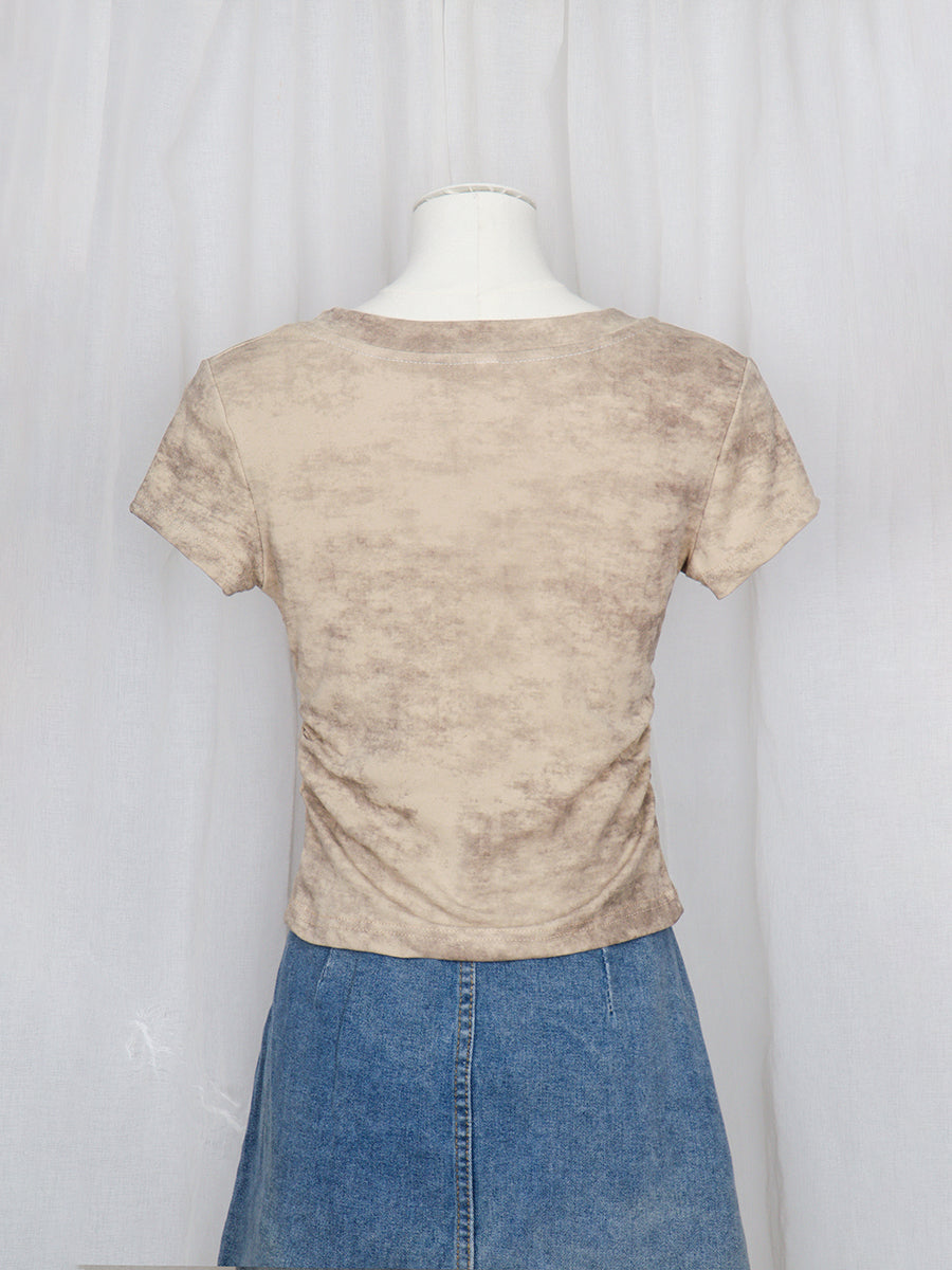 V-neck Denim Butterfly Embroidery Tie-Dye Short Sleeve Crop Top