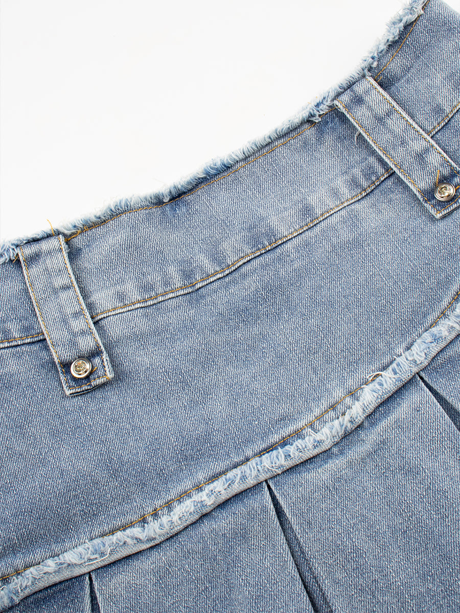 Solid Color Patchwork Denim Pleated Hem Skirt