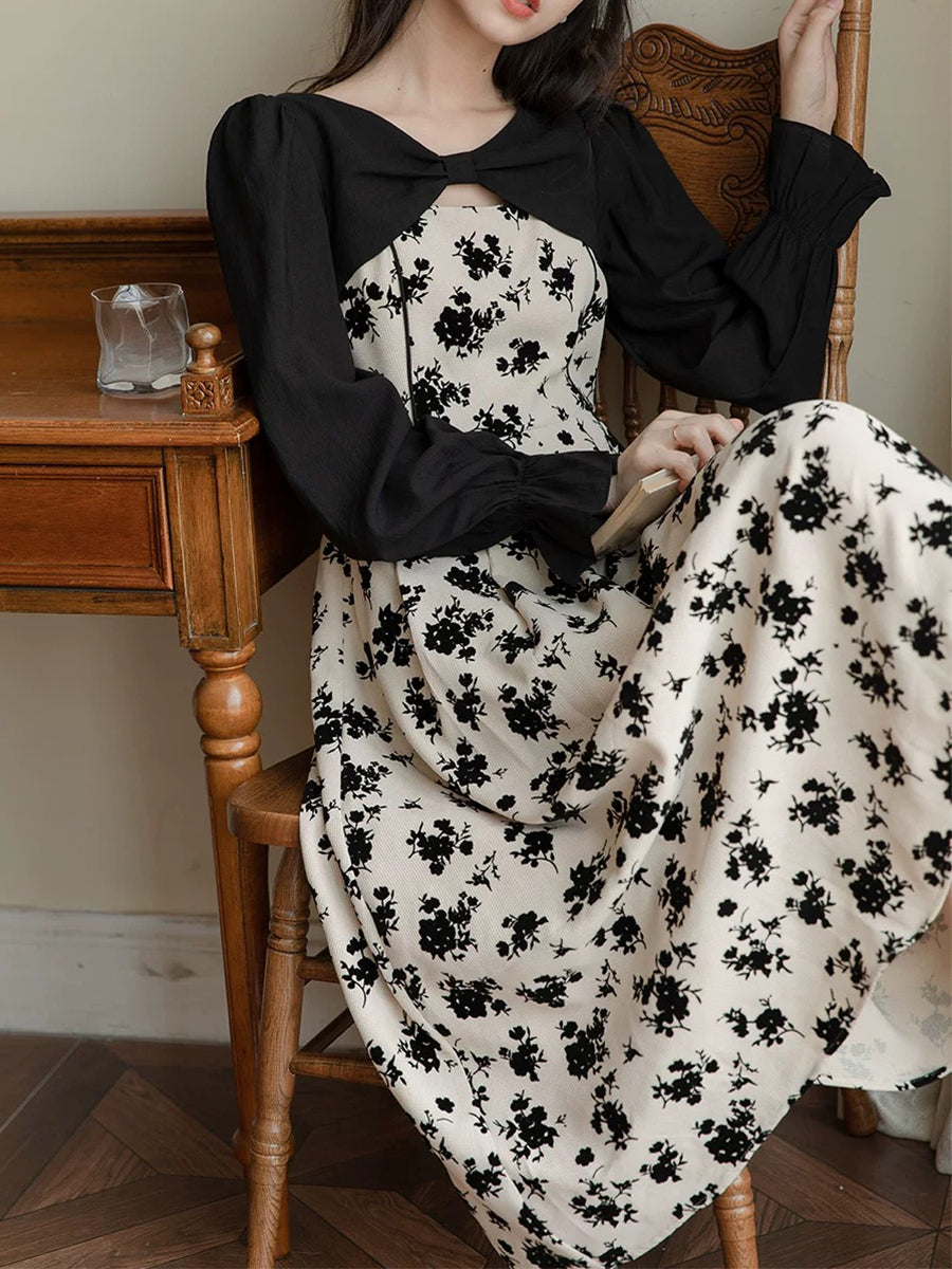 Long Sleeve Cardigan + Rose Camisole Dress Two Piece Set