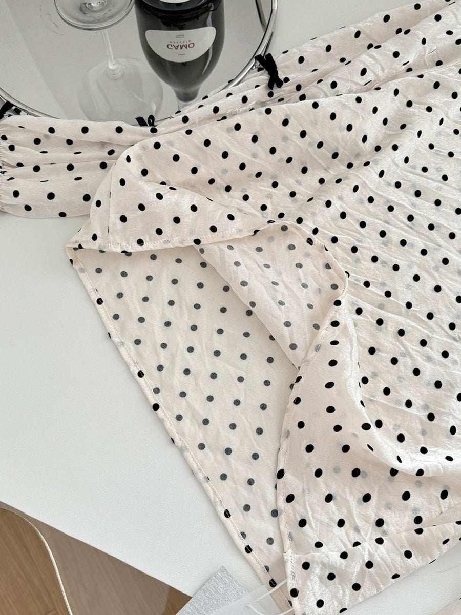 Long Sleeve Polka Dot Blouse + Black Cami Dress Two Piece Set