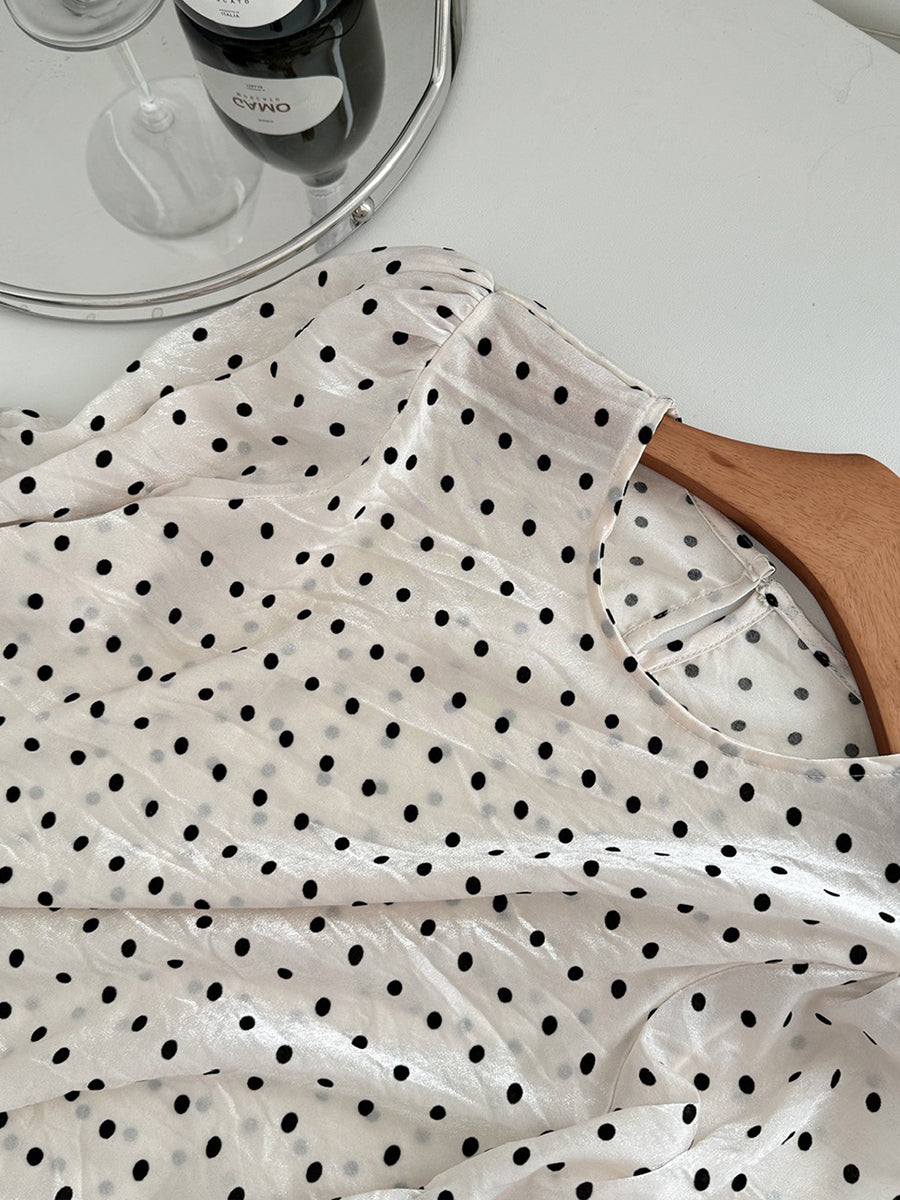 Long Sleeve Polka Dot Blouse + Black Cami Dress Two Piece Set