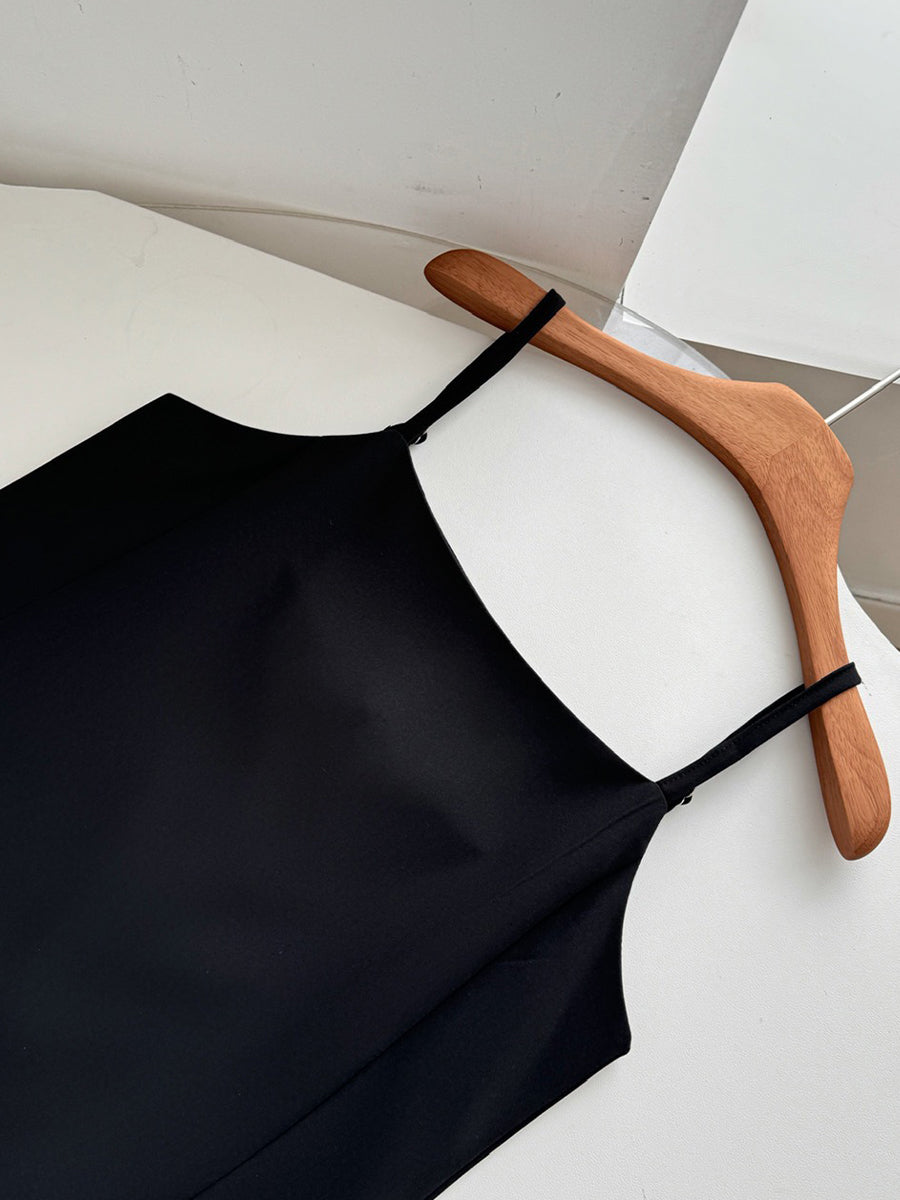 Long Sleeve Polka Dot Blouse + Black Cami Dress Two Piece Set