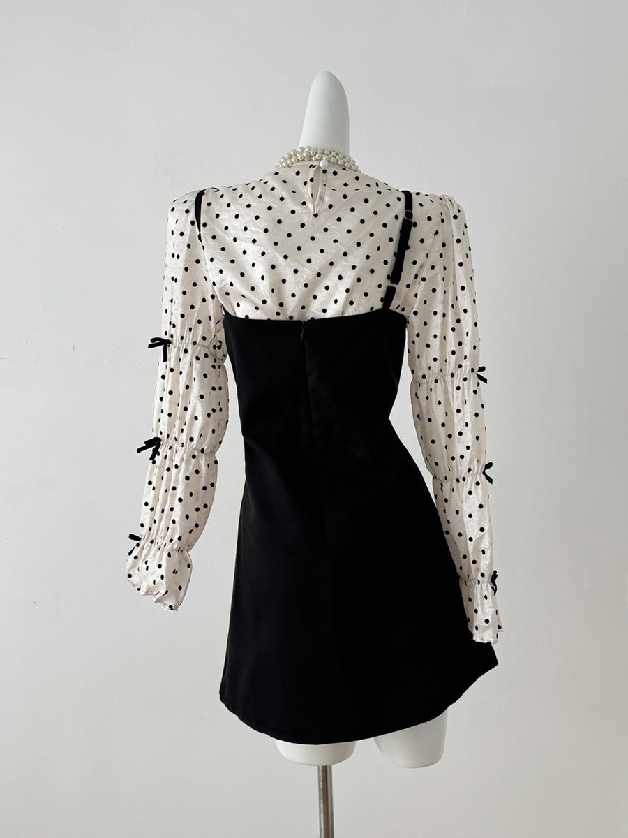 Long Sleeve Polka Dot Blouse + Black Cami Dress Two Piece Set