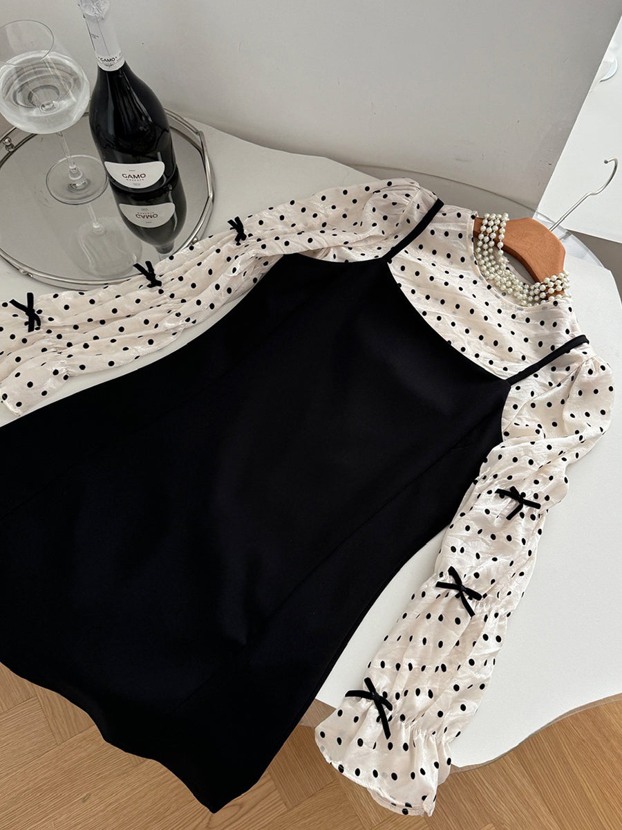 Long Sleeve Polka Dot Blouse + Black Cami Dress Two Piece Set