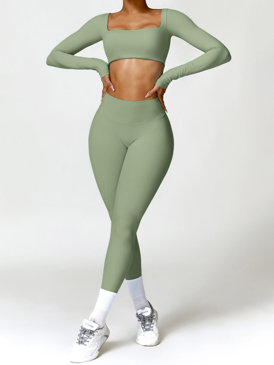 2pcs Long Sleeves Crop Top Skin-Friendly Sports Set Workout Set Fitness Yoga Suit with Chest Pads