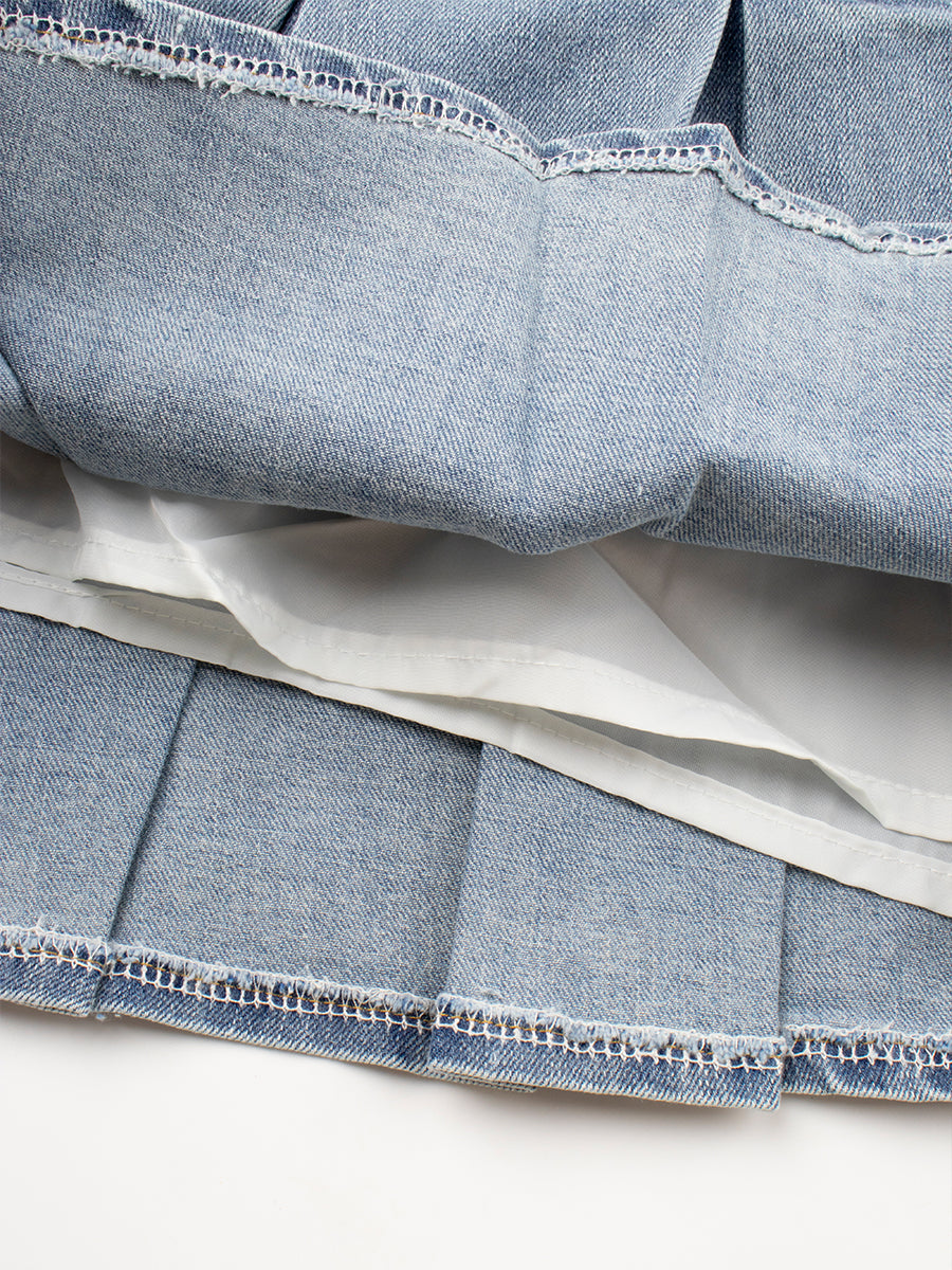 Solid Color Patchwork Denim Pleated Hem Skirt