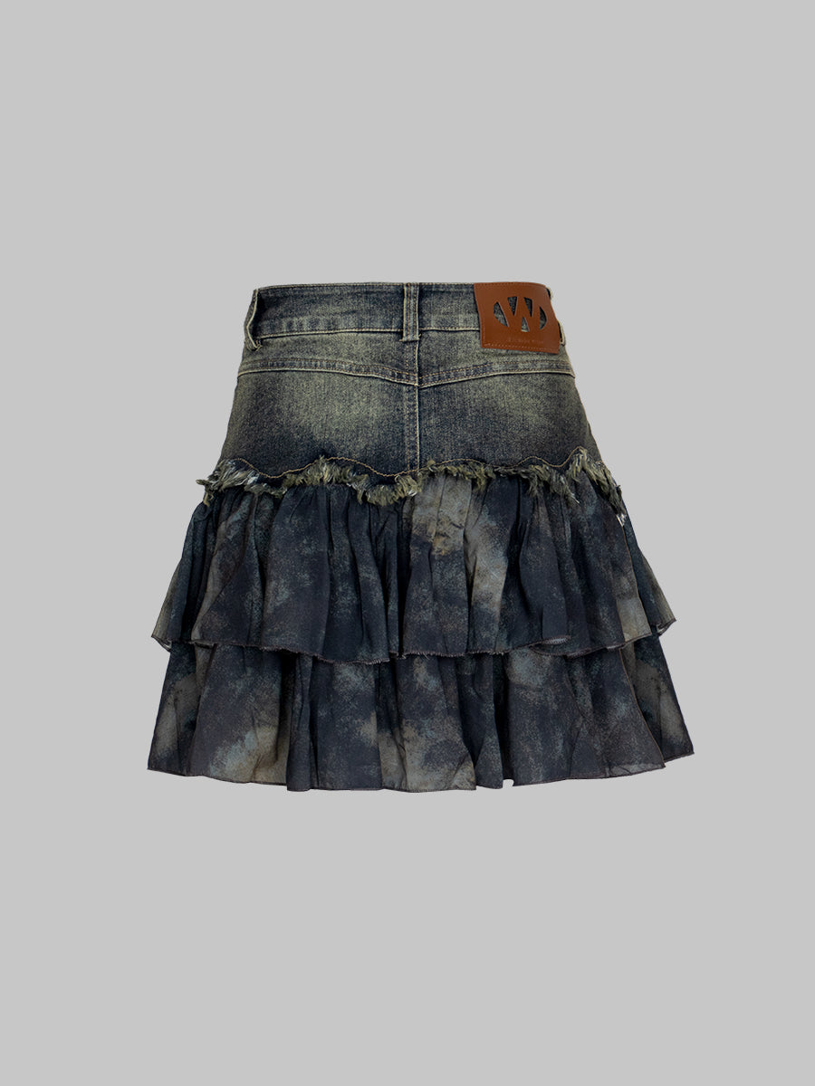 Vintage Patchwork Denim Pleated Hem Skirt