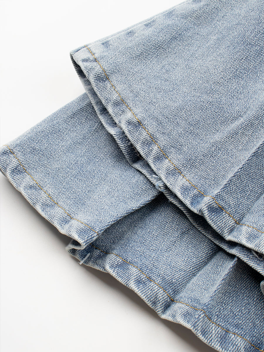 Solid Color Patchwork Denim Pleated Hem Skirt