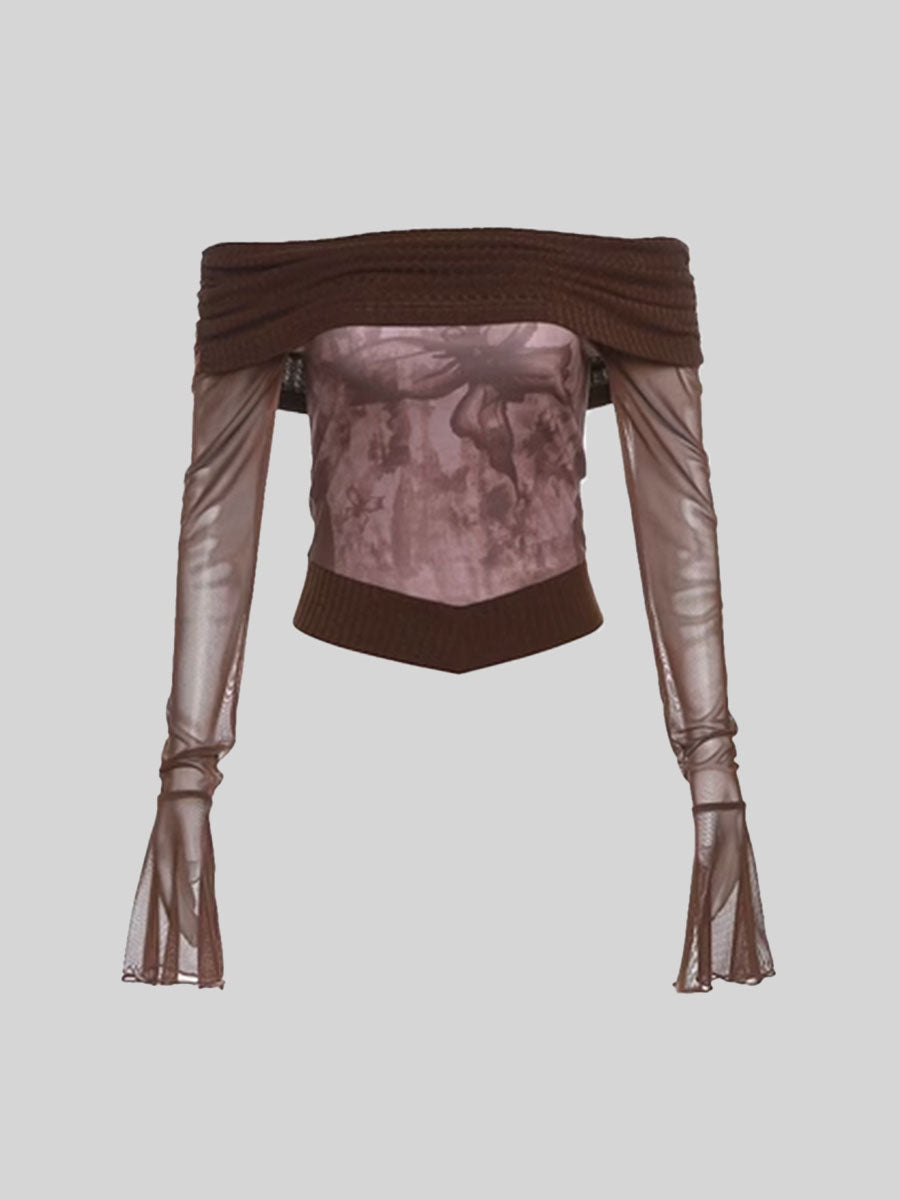 Brown Shoulder Hanky Hem Long Sleeve Knit Top