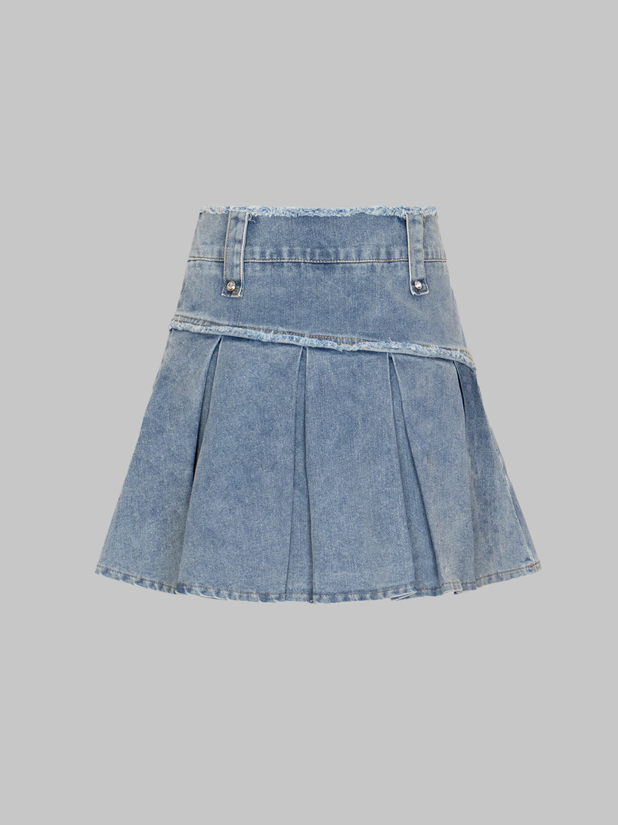 Solid Color Patchwork Denim Pleated Hem Skirt