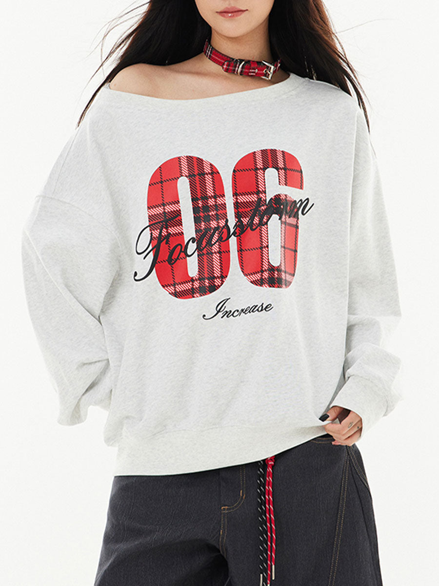Vintage Slant Shoulder Large Neckline Sweatshirt Letter Loose Sporty Top