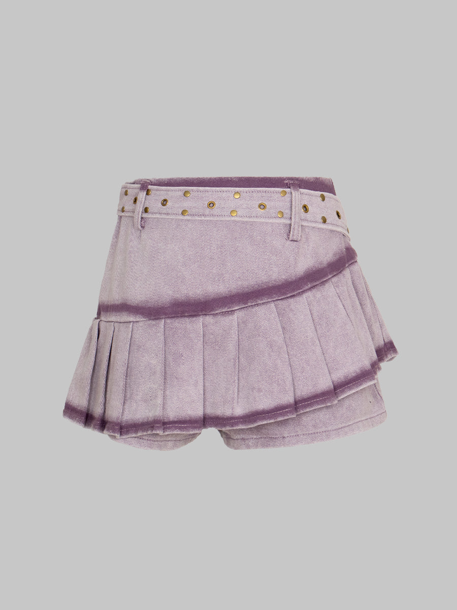 Fake Two Piece Patchwork Denim Pleated Hem Shorts