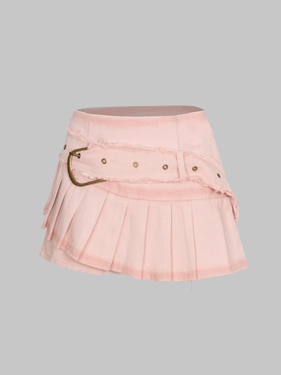 Fake Two Piece Patchwork Denim Pleated Hem Shorts
