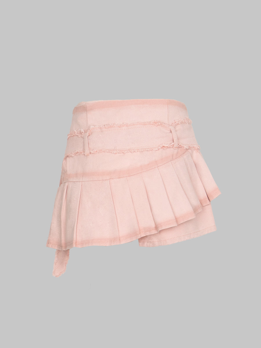 Fake Two Piece Patchwork Denim Pleated Hem Shorts