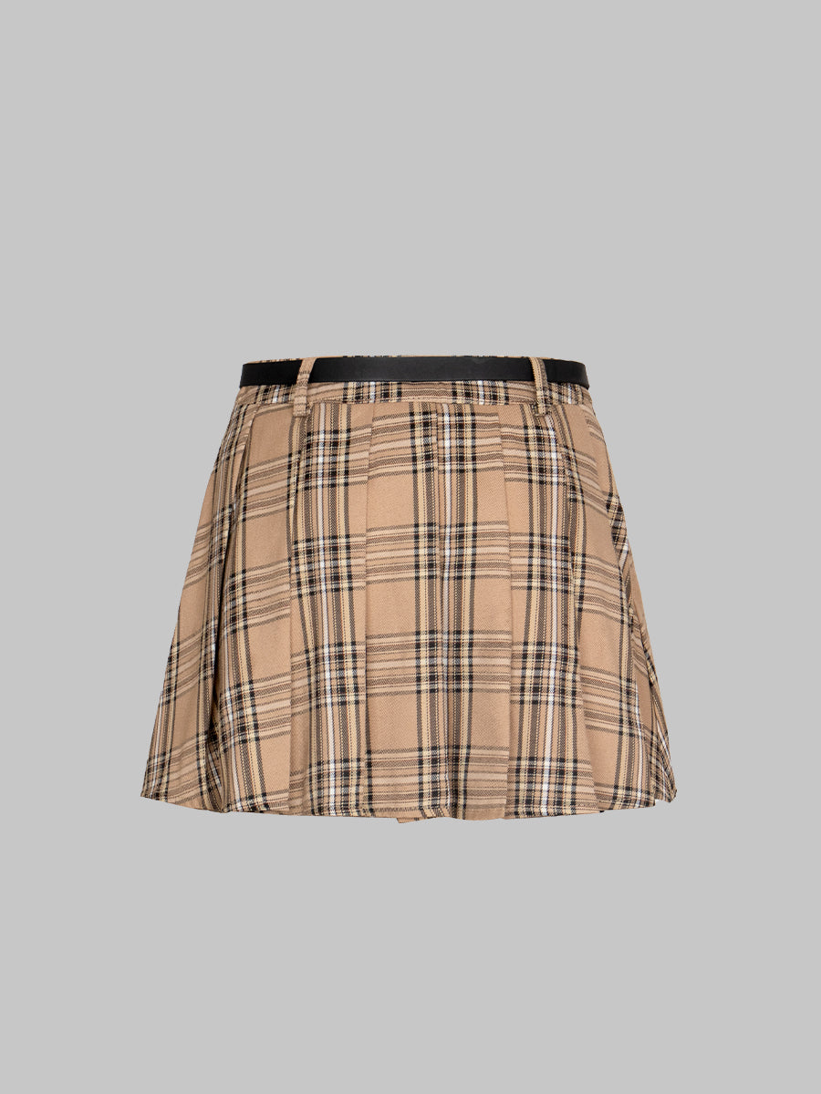 Casual Plaid Pleated Skirt with Belt