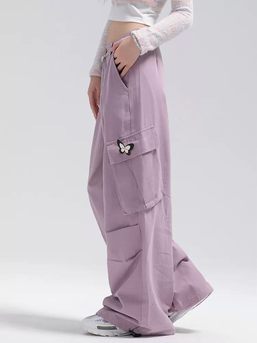 Solid Color Cargo Butterfly Decoration Loose Casual Pants with Butterfly Chain Belt