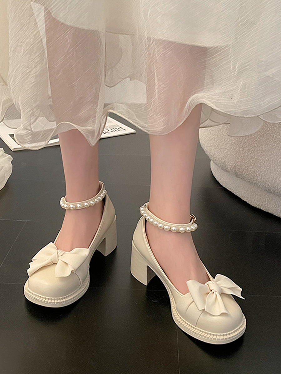Bow Tie Round Toe Pearls Strap Mary Jane Heels Shoes