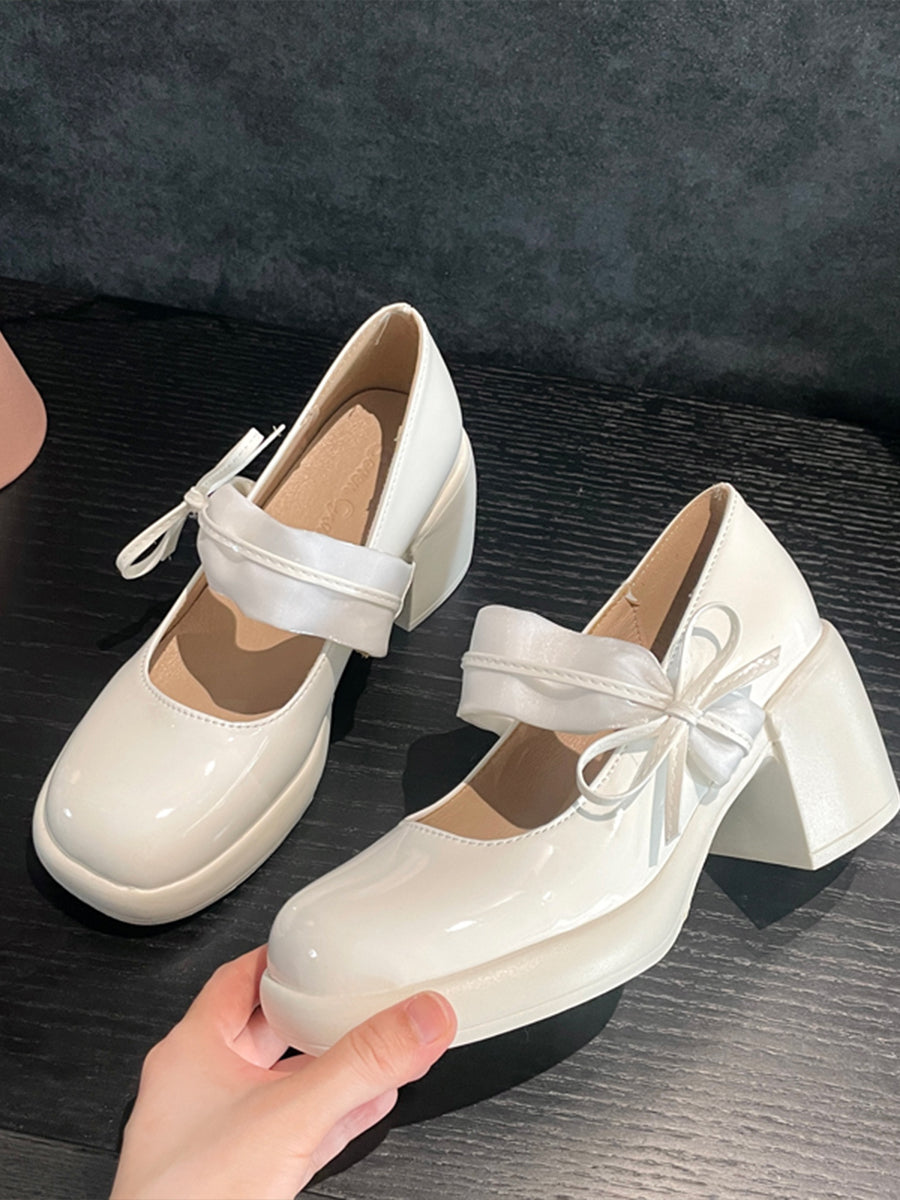 Ribbon-tie Mary Jane Pumps in White