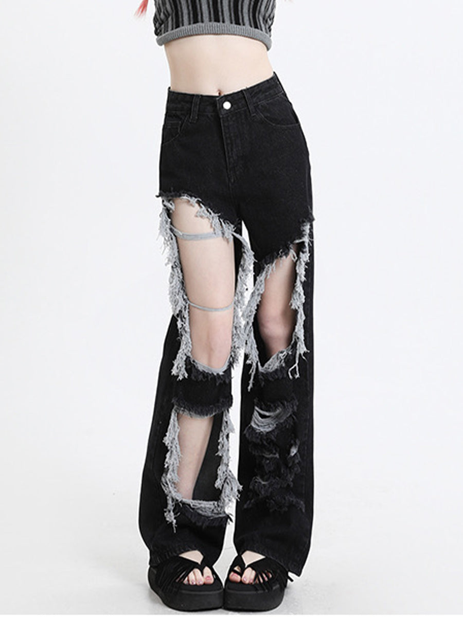 Black High-Waisted Baggy Wide-Leg Ripped Jeans