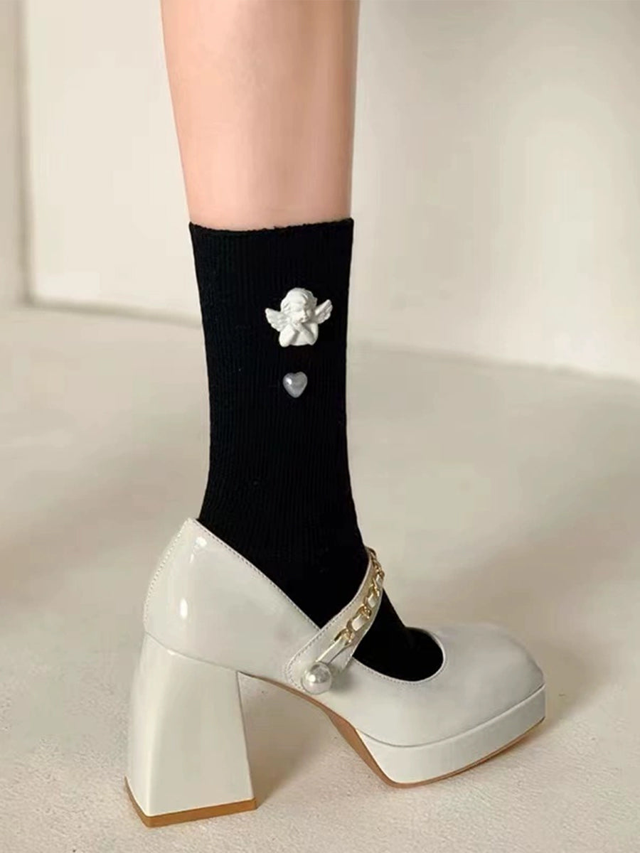 Metal Chain Pearl Chunky Heel Mary Jane Pumps
