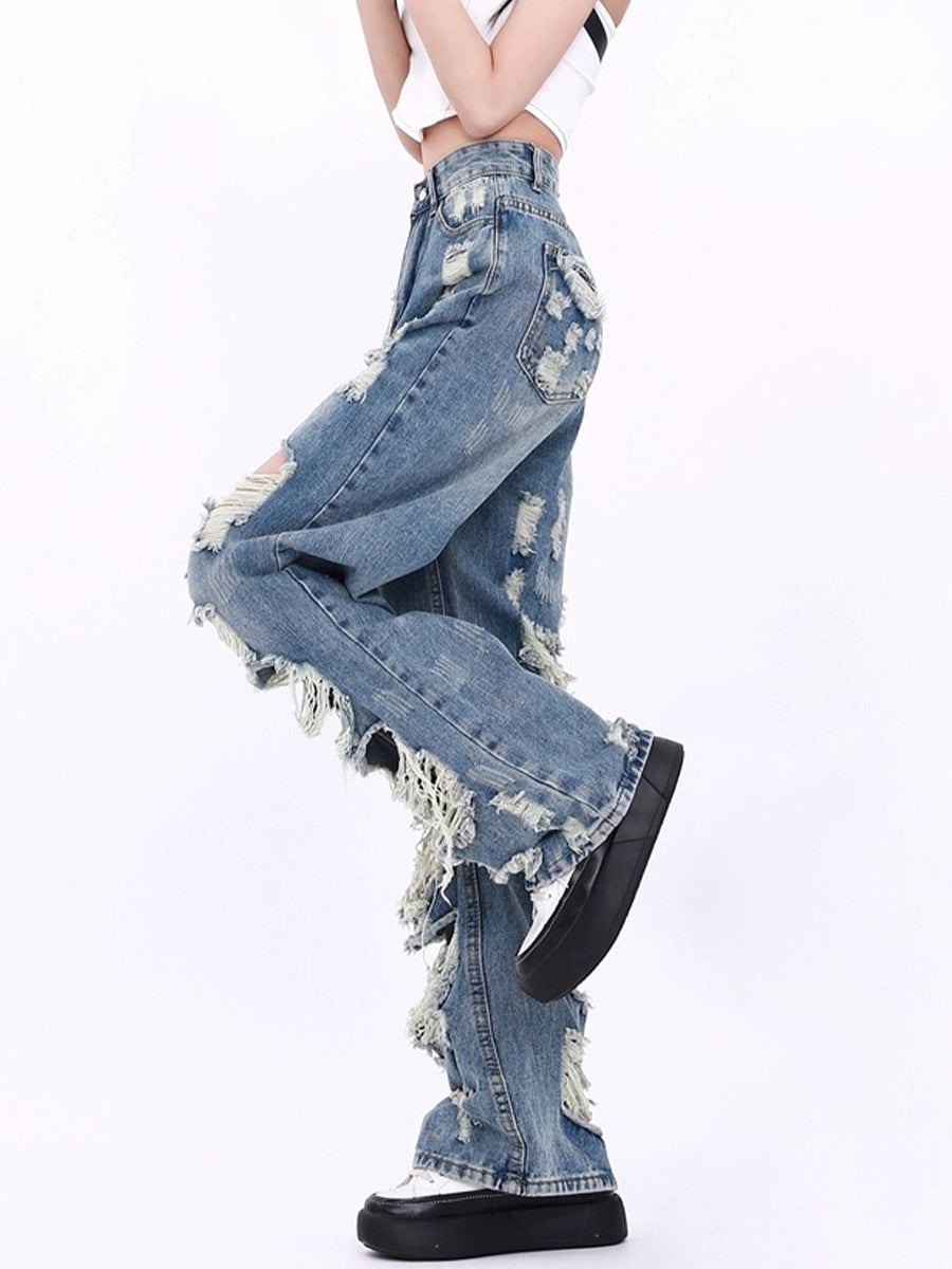 High-Waisted Ripped Baggy Wide-Leg Jeans