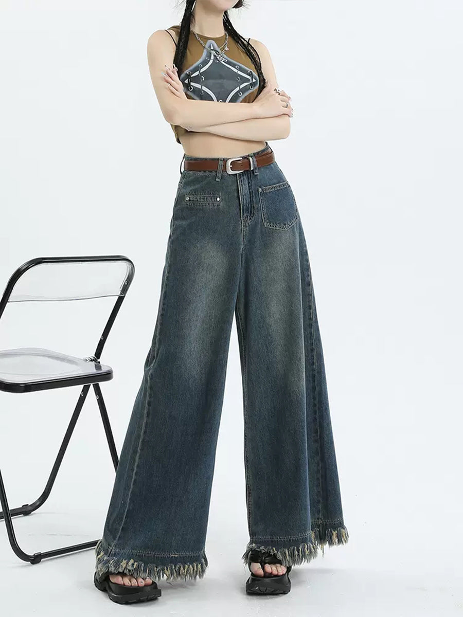 Solid Color Denim Wide Leg Jeans Pants