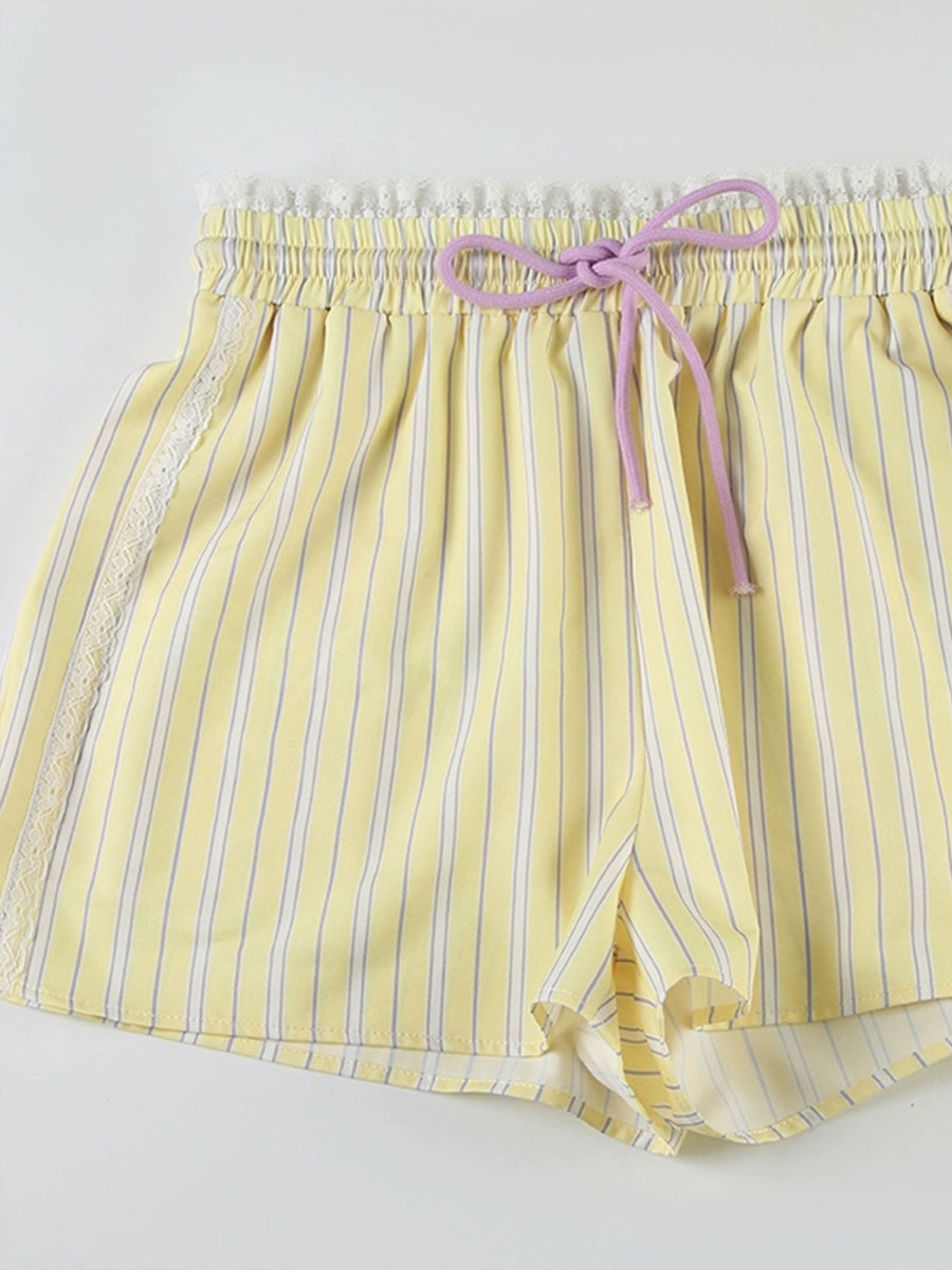 Yellow Striped Elastic Lace Trim Shorts