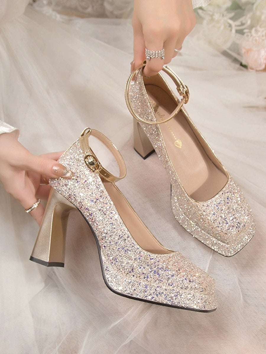 Rhinestone Square Toe Mary Jane Heels Pumps