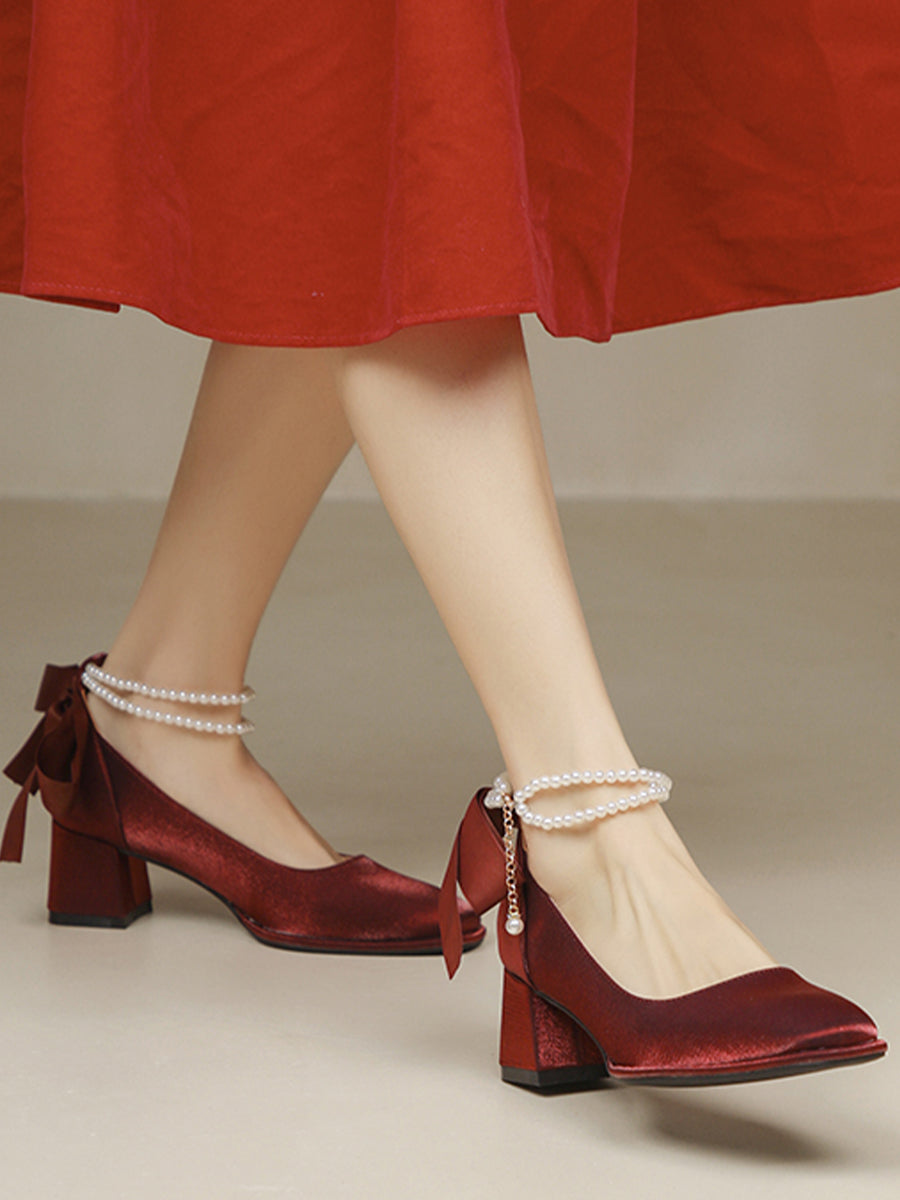 Women's Pointed Toe Chunky Heel Pumps With Pearls & Bowknots Beaded Decoration