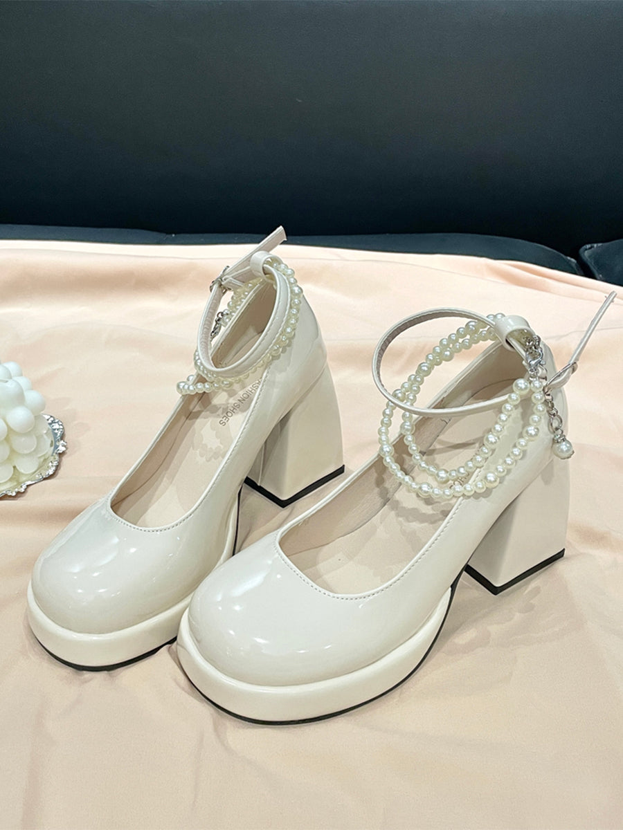 Women's Round Toe Mary Jane Heels Shoes with Double Layered Pearls Chain