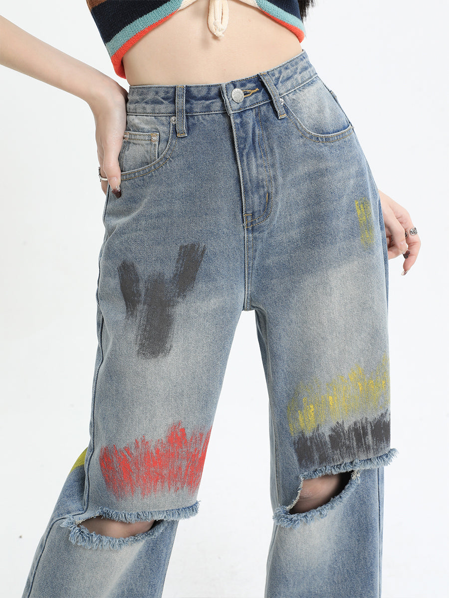 Graffiti Ripped Denim Jeans