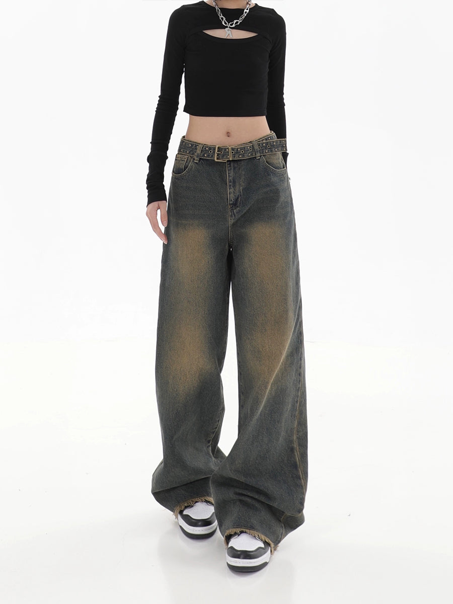 Vintage Loose Raw Hem Denim Jeans