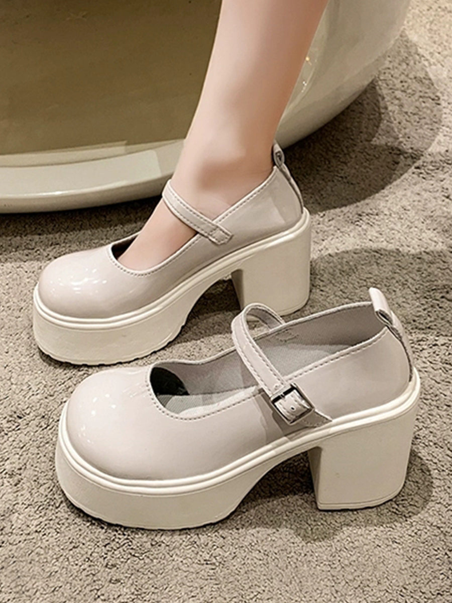 Round Toe Chunky Heeled Ankle Strap Mary Jane Pumps