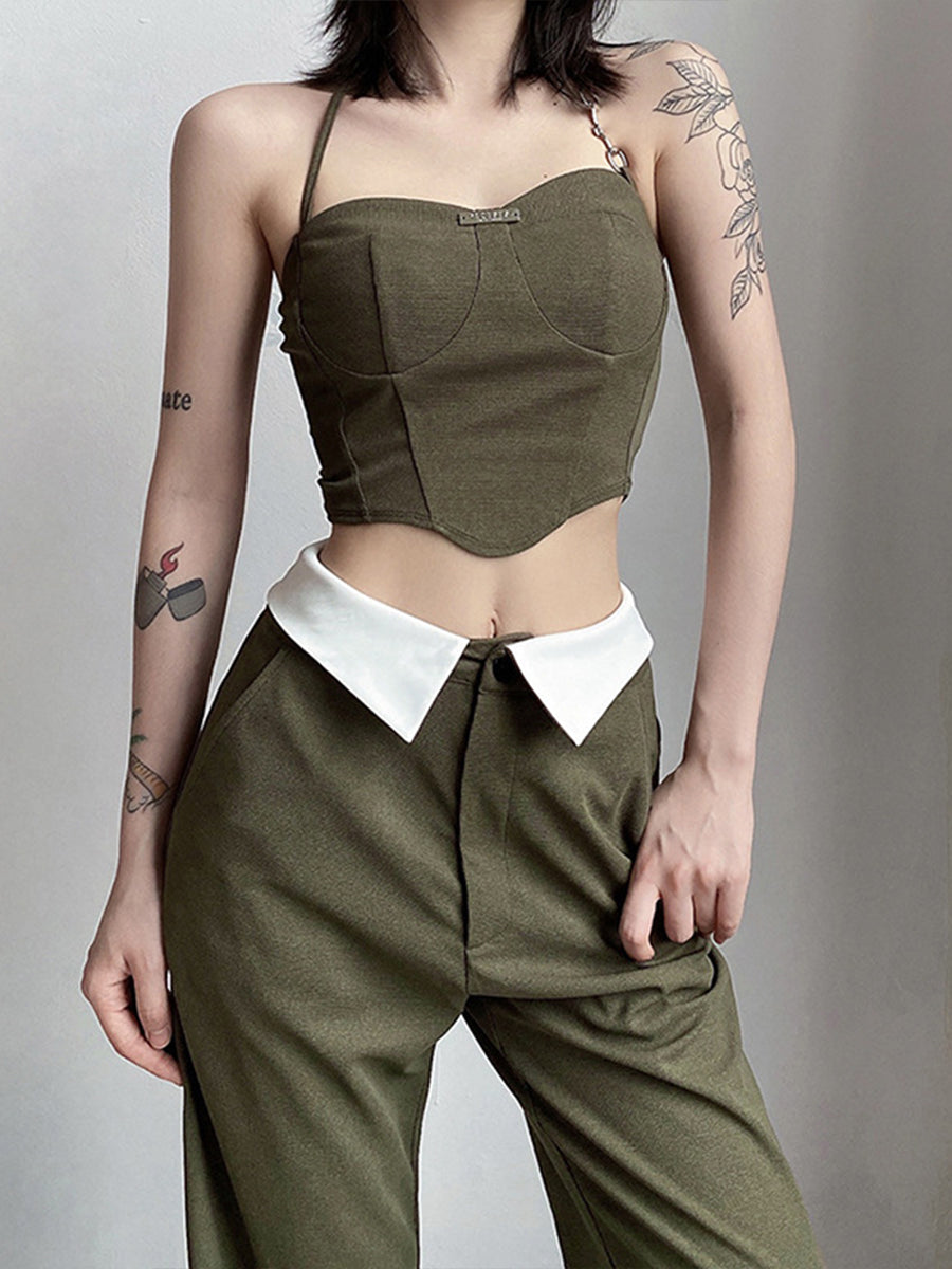 Green Slim Crop Top + Casual Pants Set