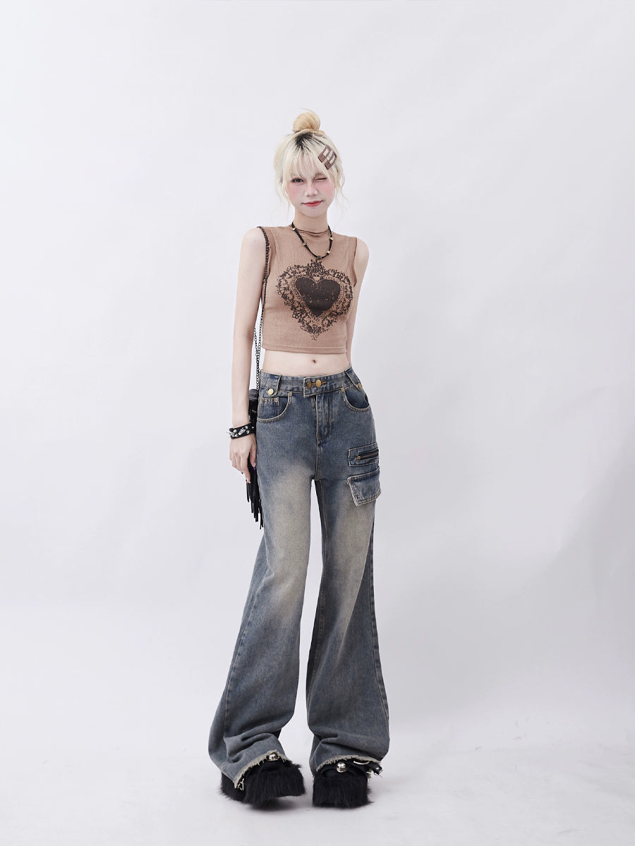 Vintage Blue Pocket Loose Long Jeans