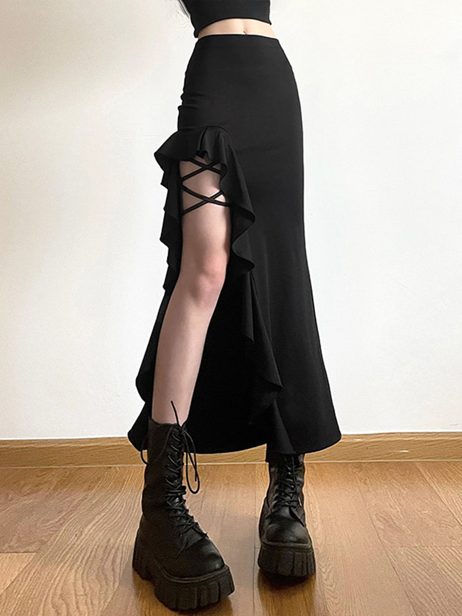 Black Slim Irregular Hem Midi Skirt