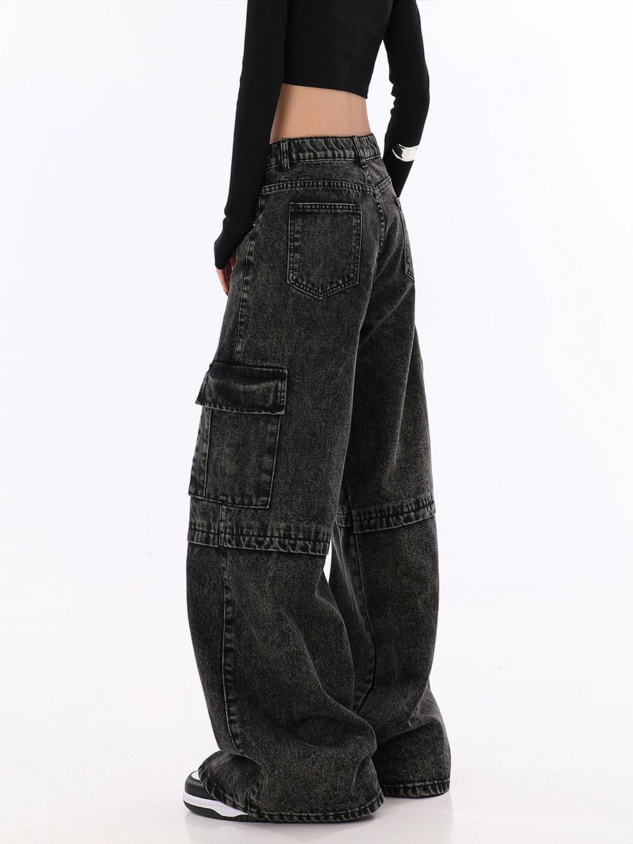 Vintage Black Irregular Loose Cargo Jeans