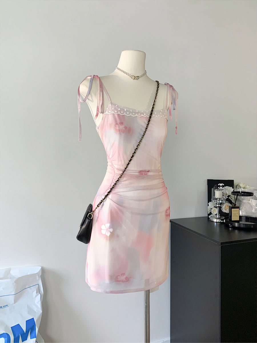 Lace Trim Cami Top Tight Strappy Pink Floral Cami Dress Short/Long