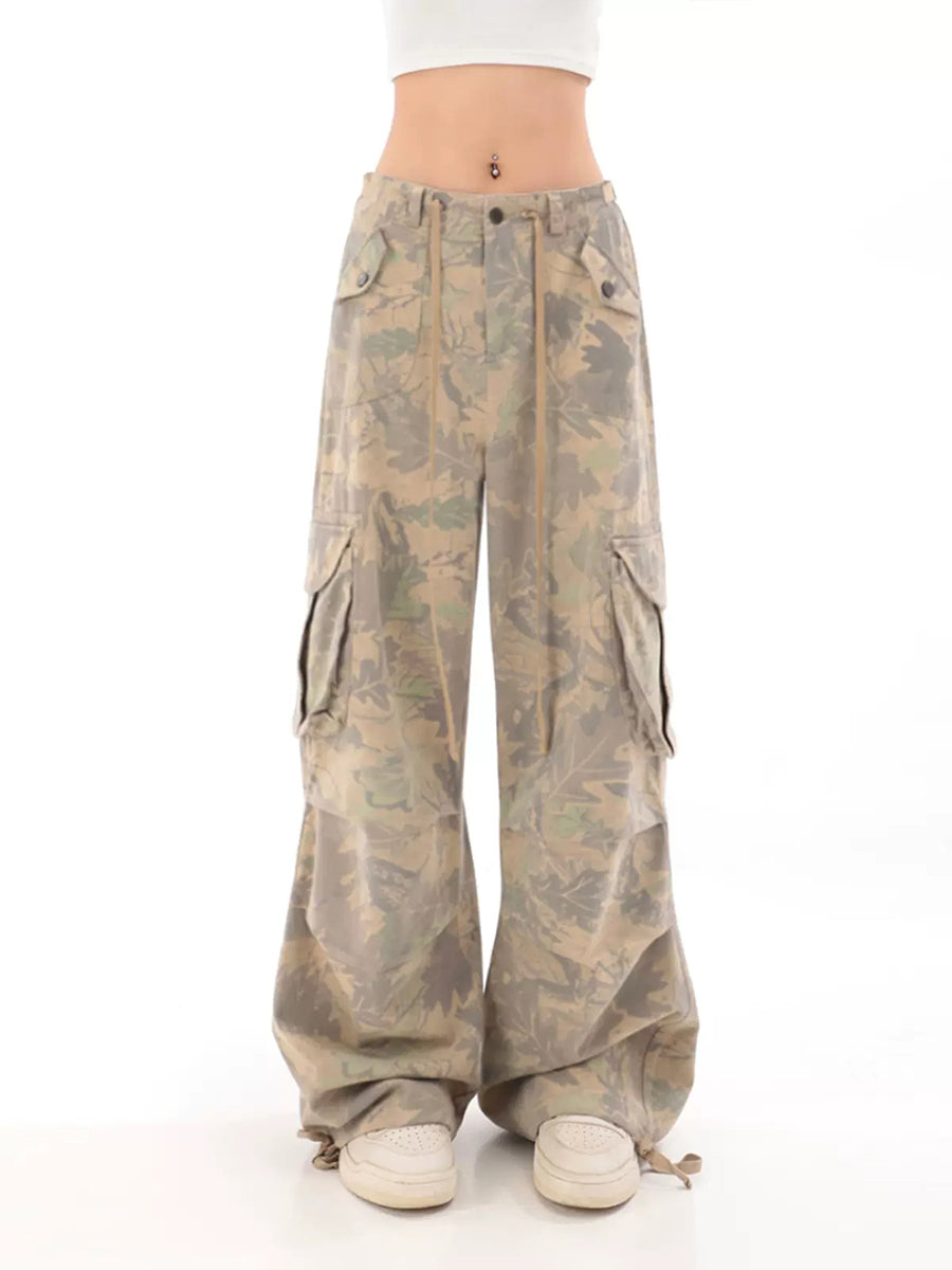 Camouflage Wide-Leg Cargo Drawstring Casual Pants