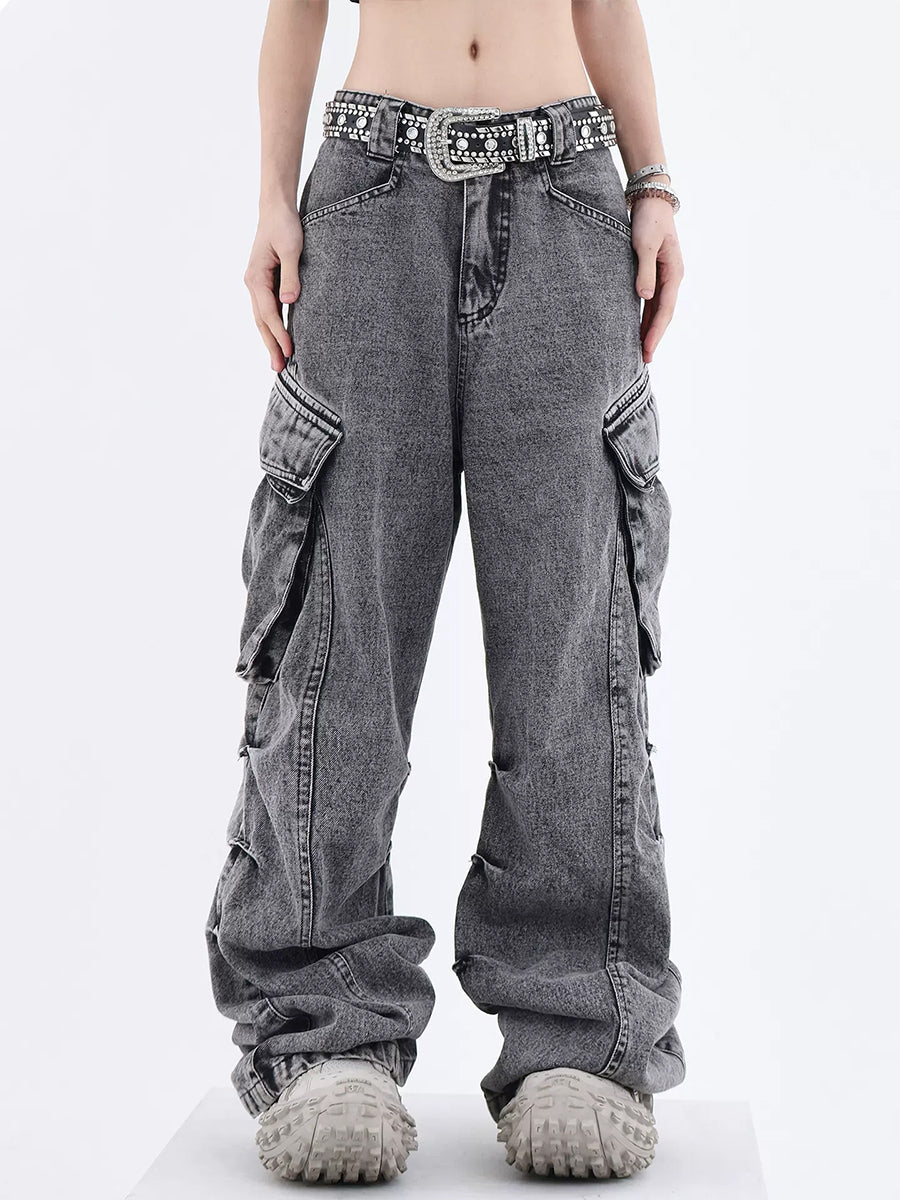 Gray High Rise Wide Cargo Jeans Pockets Pants