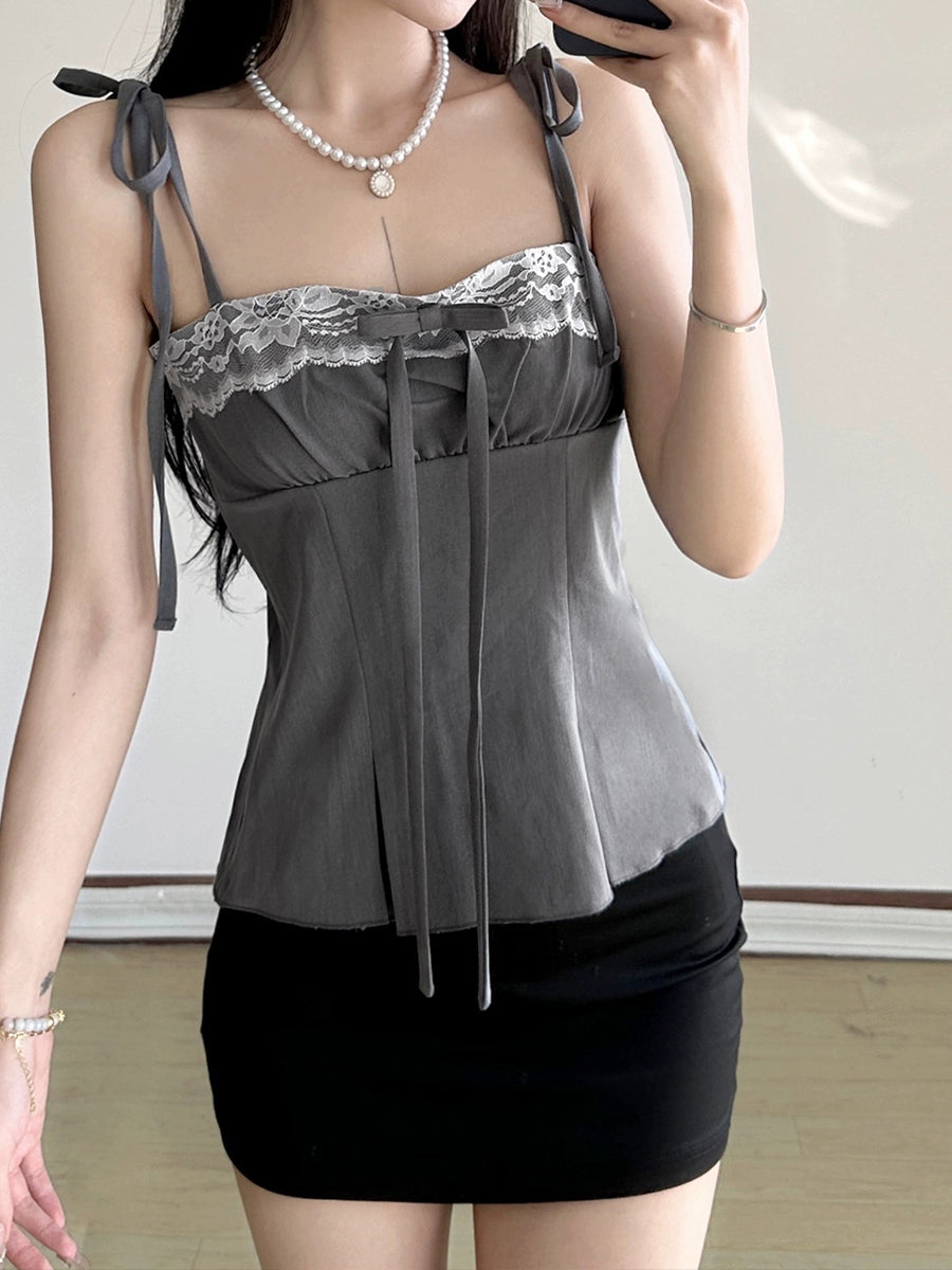 Lace Ruffle Bow Strap Cami Top