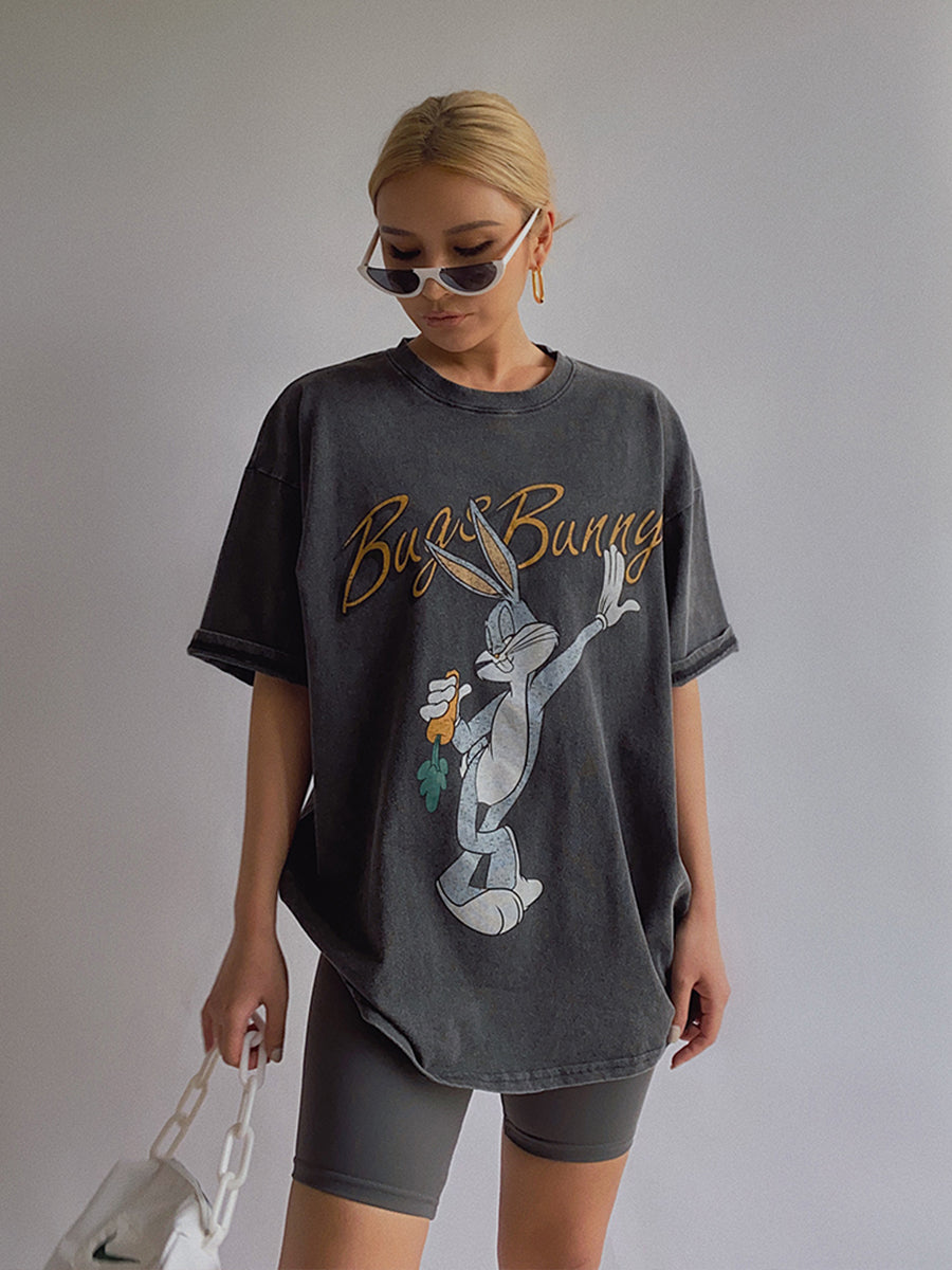 Bunny Print Oversize Short Sleeve Top