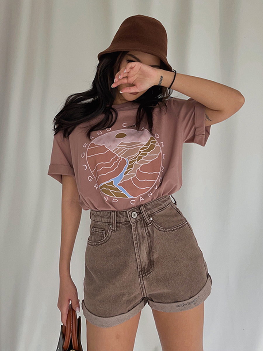 Pink Sunrise Print Oversize Short Sleeve Top
