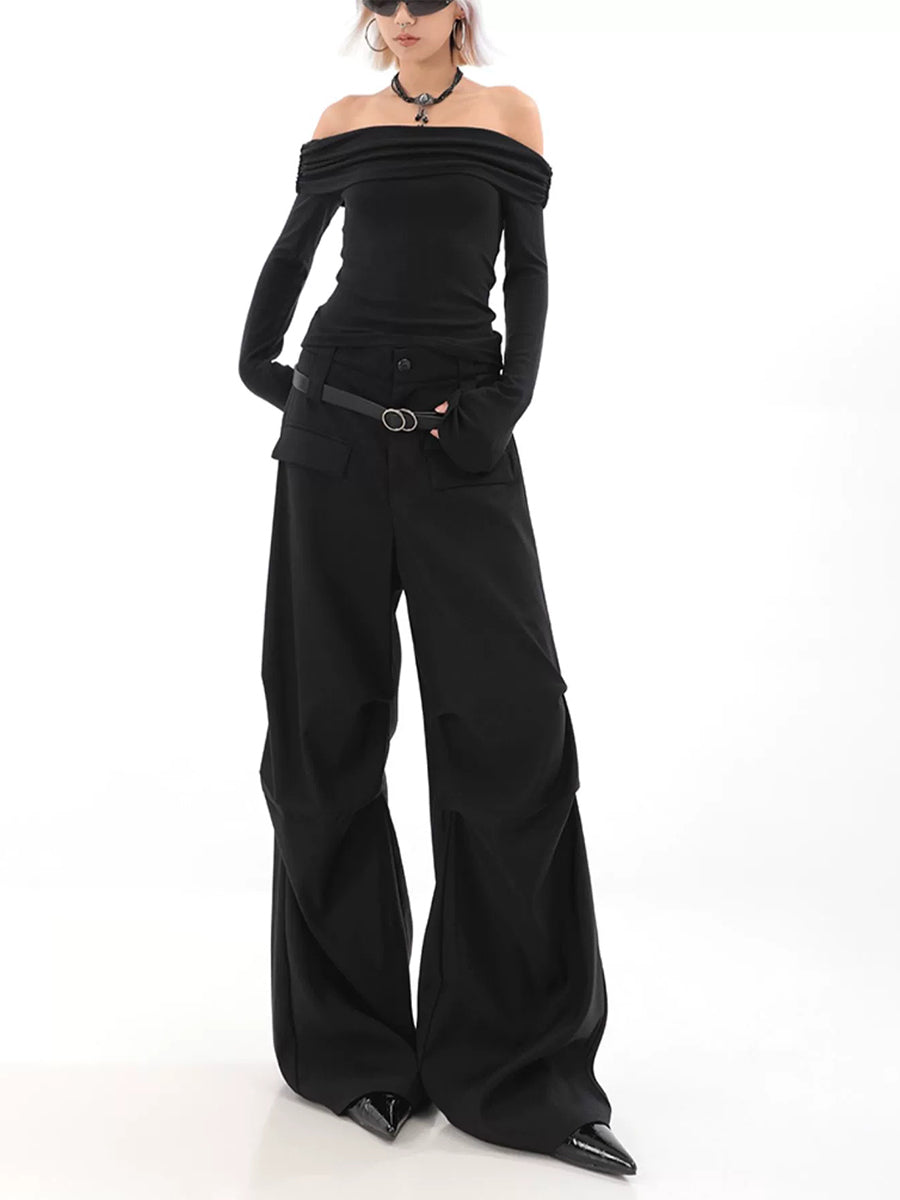 Solid Color Pleated Contour Suit Pants with Belt