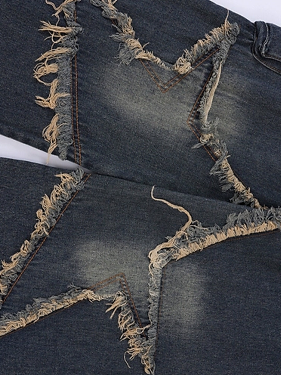 Vintage Patchwork Star Shape Raw Trim Loose Fit Jeans