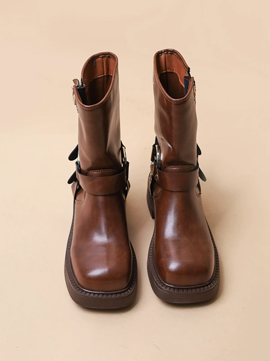Women's Western Buckle Straps Chunky Heeled Side Zip Boots