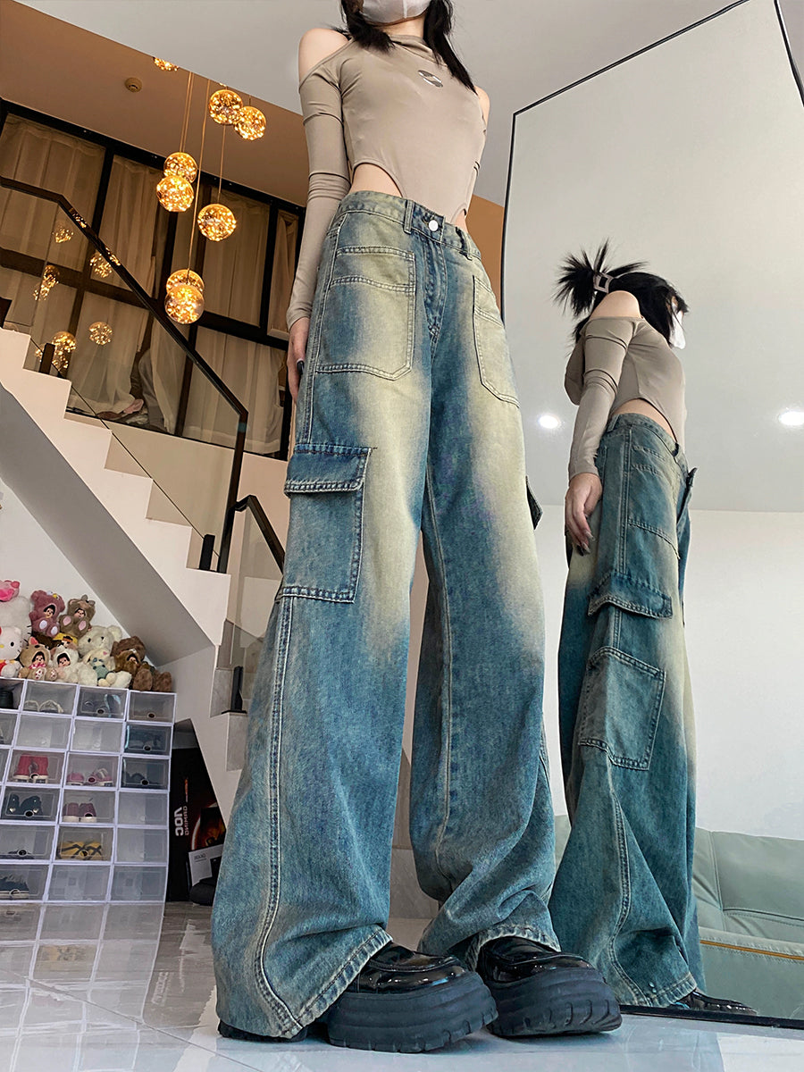 Vintage Large Pocket Straight Leg Denim Jeans