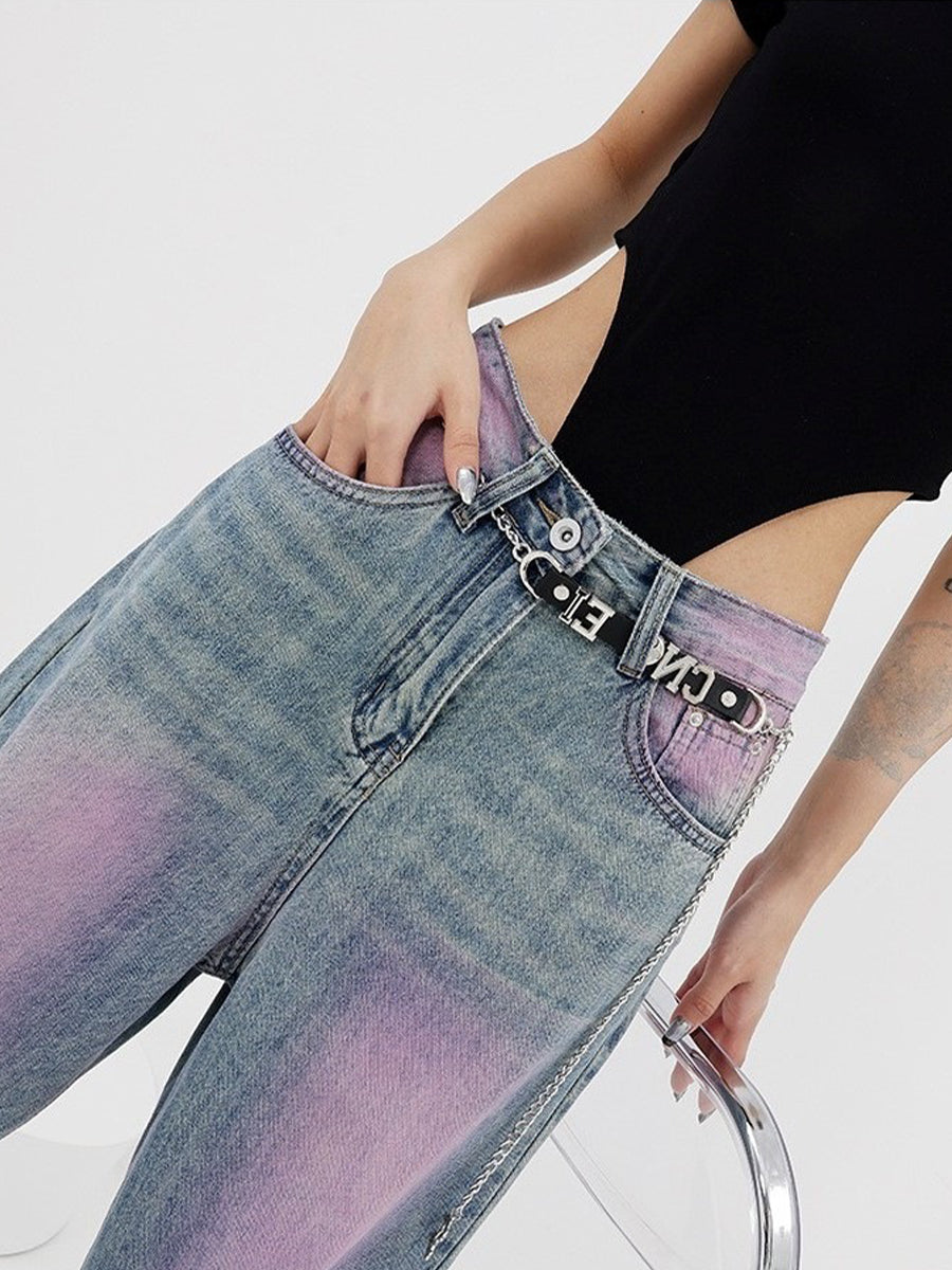 Y2K Plus Plus Loose Tie-Dye Blue Pink Color Clash High Waist Straight Long Jeans