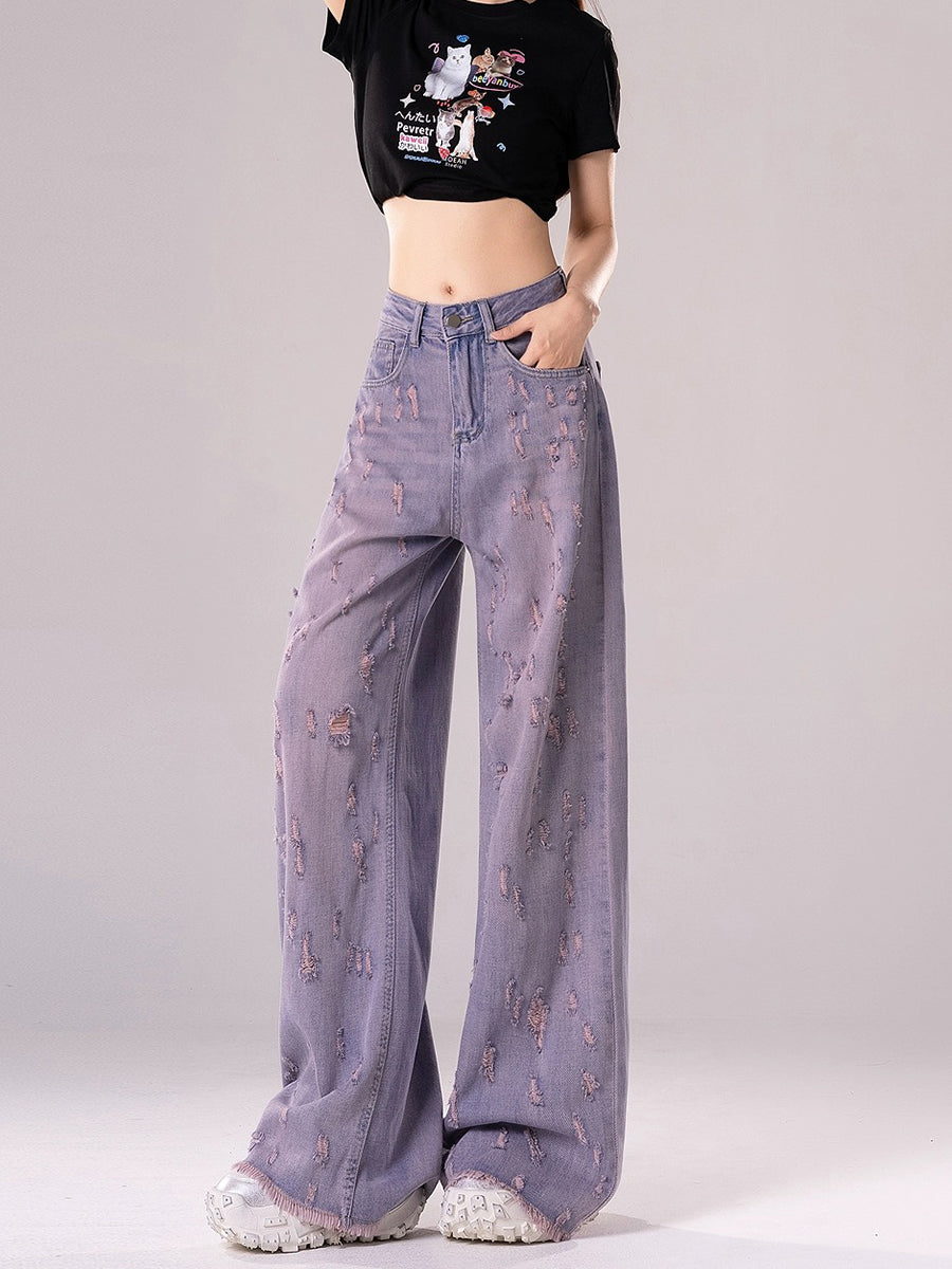 High Waist Purple Ripped Loose Denim Jeans