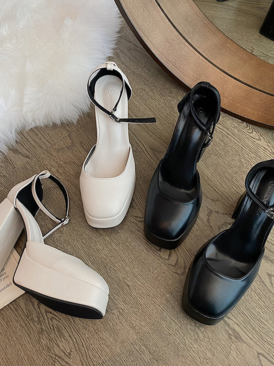 Buckle Decor Thin Ankle Strap Platform Chunky Heel Mary Janes Pumps Shoes